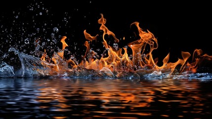 Poster - Fire flames and water on black background