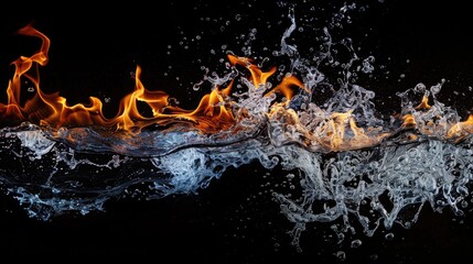 Poster - Fire flames and water on black background