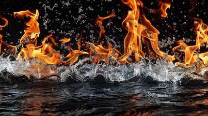 Poster - Fire flames and water on black background