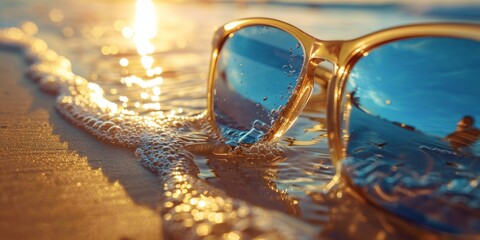 a pair of sunglasses is sitting in the ocean