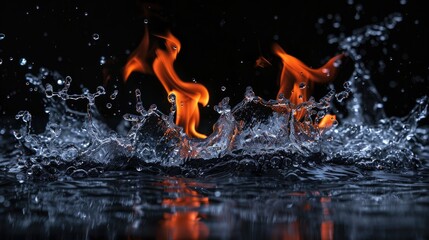 Poster - Fire flames and water on black background