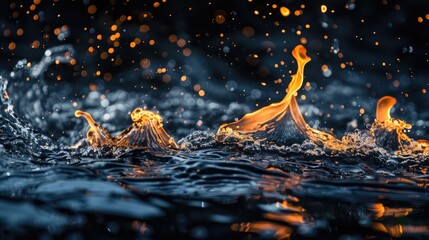Poster - Fire flames and water on black background