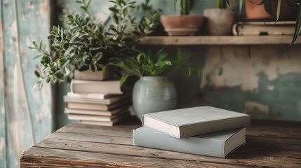 Two gray books on a wooden table with plants in the background