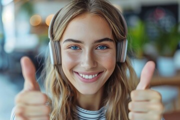 Poster - Happy lady wearing headphones gesturing approval in cafe