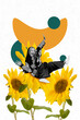 © deagreez - Vertical collage image young cheerful happy girl daisy fresh yellow flowers joy springtime holiday march celebration carefree laughter