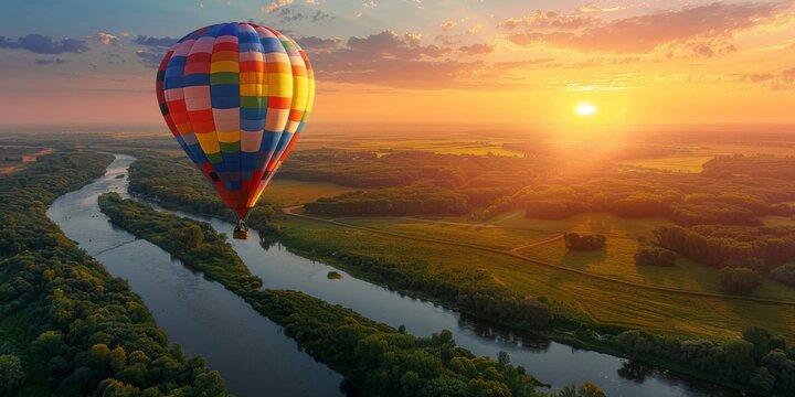 A hot air balloon is flying over a river and a field