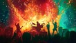 © djmaxx24 - Illustration of silhouette rock band playing live on stage in front of an audience, with a colorful explosions background, in the digital art style.