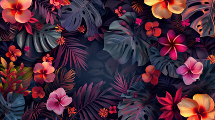 Wall Mural - Lush colorful tropical leaves and flowers background