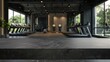 © Caterpillar - Tabletop in the gym for product presentation. Black empty concrete countertop mockup for sports nutrition.