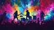 © djmaxx24 - Illustration of silhouette rock band playing live on stage in front of an audience, with a colorful explosions background, in the digital art style.