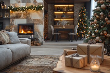 Warm and inviting corner with softly glowing fireplace, Christmas tree, and elegant holiday decorations