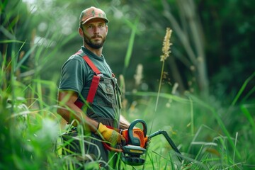 The portrait captures the man standing resolutely on the overgrown grass, his lawnmower symbolizing his readiness for the task