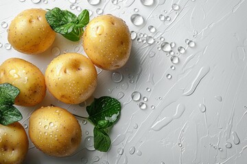 Wall Mural - Top angle shot of young potatoes with water droplets surrounding green leaves