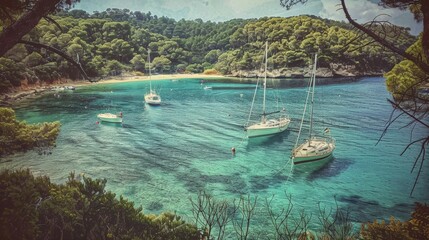 Wall Mural - Secluded Sailboats Anchored in a Tranquil Croatian Inlet on a Sunny Summer Day. Generative AI