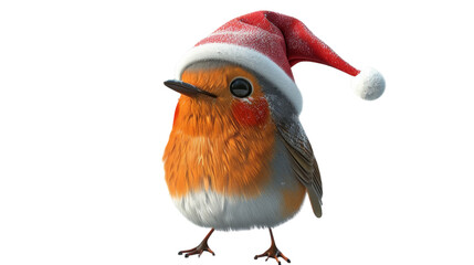 A cute robin bird wearing a snowy red Santa hat