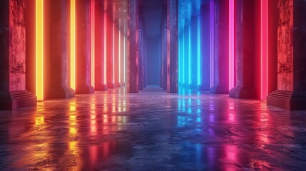 3D render: Abstract background with colorful spectrum, neon rays, and glowing lines