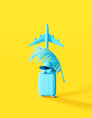 Wall Mural - Summer travel yellow background. Blue summer accessories with airplane on yellow background. 3D Rendering, 3D Illustration
