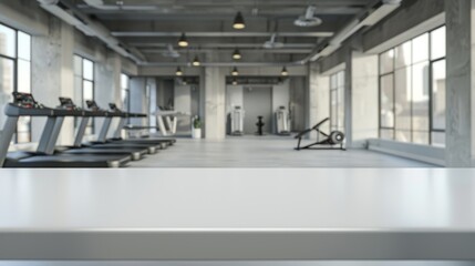Wall Mural - Tabletop against gym background for product presentation. Mockup of an empty countertop with a fitness room interior.