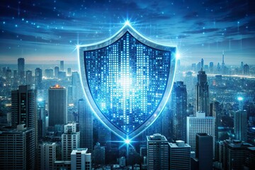 digital shield protect urban city infrastructure. Technology data security