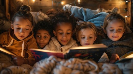 a group of children reading together in a cozy reading nook, with expressions of joy on their faces.