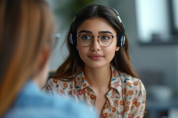 Poster - Female with headphones and a shirt at a table