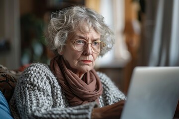 Wall Mural - Senior woman, wearing eyeglasses, using laptop on sofa