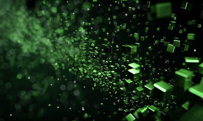 Wall Mural - a dark background with green pixel particles flying around in the center of it, creating an abstract