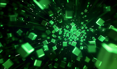 Wall Mural - a dark background with green pixel particles flying around in the center of it, creating an abstract