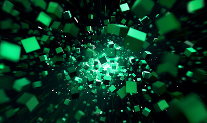 Wall Mural - a dark background with green pixel particles flying around in the center of it, creating an abstract