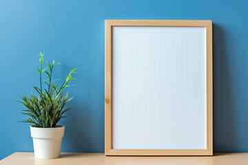 Wall Mural - A mockup of an empty wooden frame leaning against the wall on a table, with a blue colored wall behind it