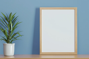 Wall Mural - A mockup of an empty wooden frame leaning against the wall on a table, with a blue colored wall behind it