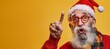 © Bi - 2025 christmas resolution discounts. Funny funky grey hair santa claus in red hat point index finger indicate x-mas time sales isolated over yellow color background