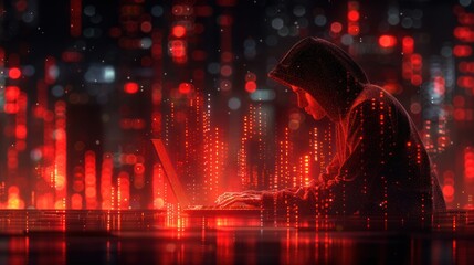 Hacker Working On Laptop With Red Cityscape Background
