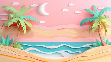 A whimsical beach scene made of paper art with palm trees, crescent moon, and a pink sky.