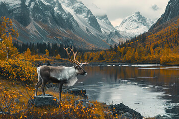 Wall Mural - in a stunning natural setting picture a graceful illustration of reindeer roaming freely