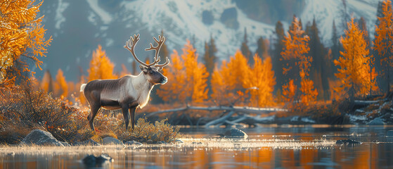 Wall Mural - in a stunning natural setting picture a graceful illustration of reindeer roaming freely