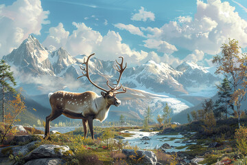 Wall Mural - in a stunning natural setting picture a graceful illustration of reindeer roaming freely