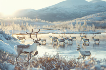 Wall Mural - in a stunning natural setting picture a graceful illustration of reindeer roaming freely