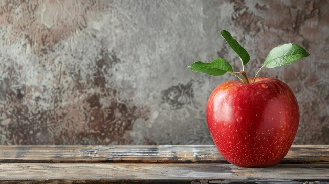 A vibrant red apple with fresh green leaves rests on a rustic wooden table against a textured backdrop