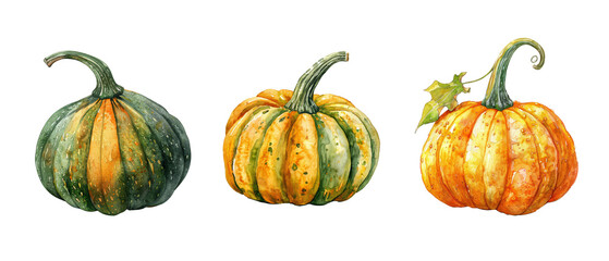 Wall Mural - Three pumpkins with green stems and orange tops