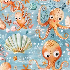 Wall Mural - A charming underwater pattern featuring cute octopuses and squid, holding onto a giant clam as if it were a seesaw. The octopuses have big, friendly eyes and playful tentacles, and the squid are