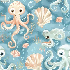 Wall Mural - A charming underwater pattern featuring cute octopuses and squid, holding onto a giant clam as if it were a seesaw. The octopuses have big, friendly eyes and playful tentacles, and the squid are