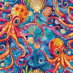 Wall Mural - A playful underwater pattern featuring cartoonish octopuses and squid, dancing to music from a seashell radio. The octopuses have large, expressive eyes and colorful tentacles, and the squid have