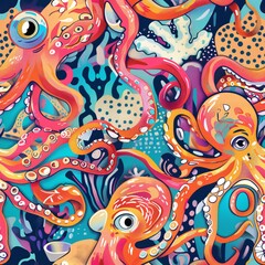 Wall Mural - A playful underwater pattern featuring cartoonish octopuses and squid, having a water balloon fight. The octopuses have large, expressive eyes and colorful tentacles, and the squid have swirling