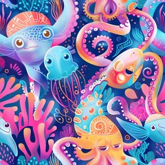 Wall Mural - A whimsical underwater pattern featuring cartoonish octopuses and jellyfish, with a graceful manta ray. The octopuses have large, expressive eyes and colorful tentacles, and the jellyfish have