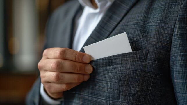 Close-up of businessman in suit holding blank business card.