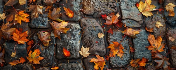 Sticker - Colorful autumn leaves covering wet cobblestones