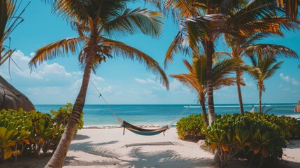 Wall Mural - A tranquil beach landscape featuring a hammock suspended between palm trees under a clear blue sky