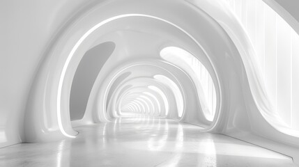 Sticker - a long, curved tunnel with white walls and a bright light at the end. 