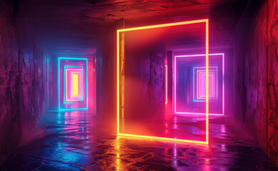 Wall Mural - Pink, blue, and yellow glowing rectangles in a dark room.